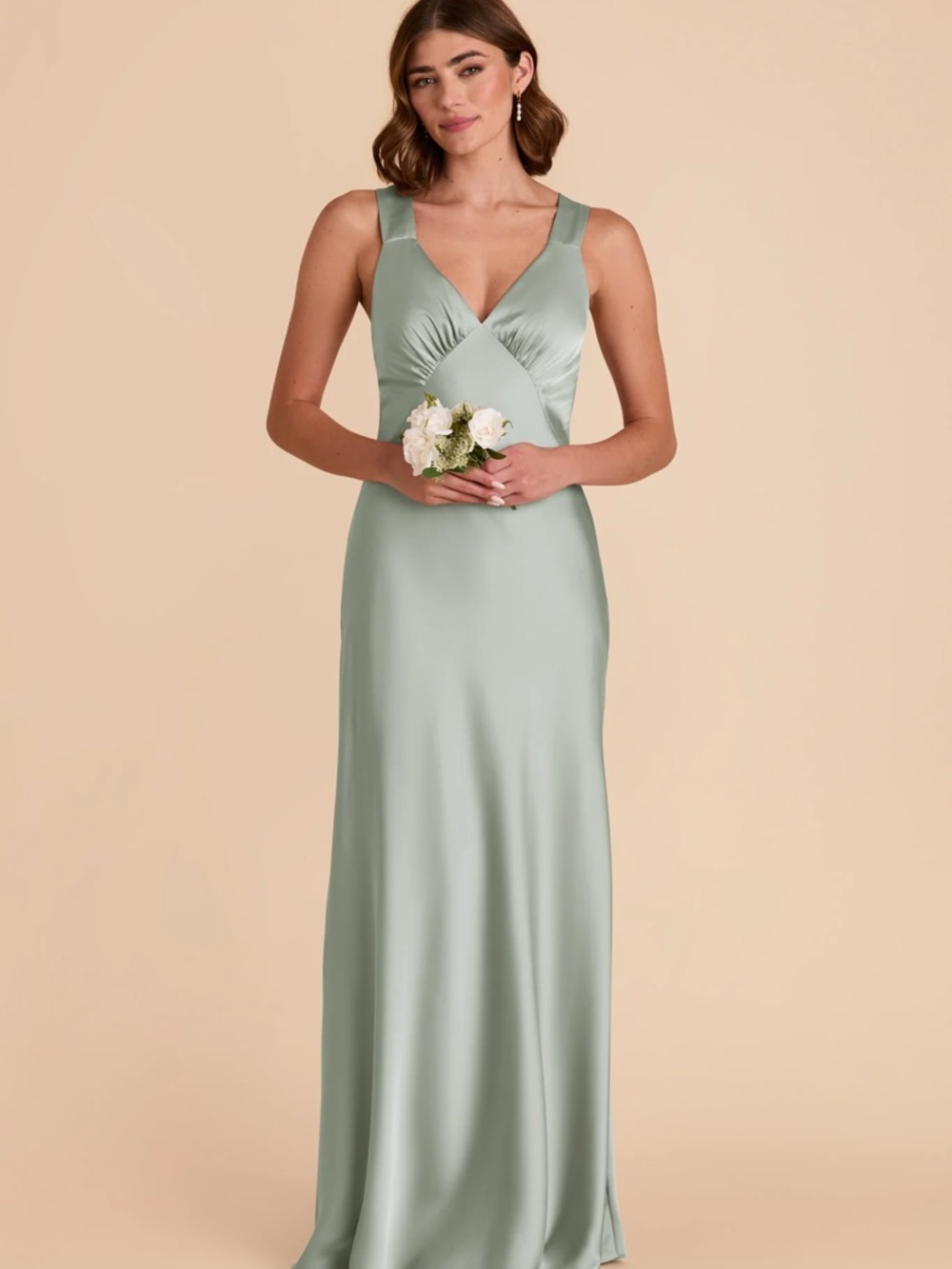 Sage Satin V-Neck Bridesmaid Gown